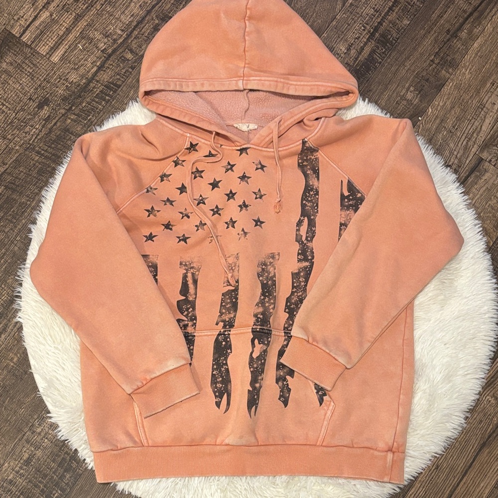 Easel Peach Acid Wash Fleece Hoodie with Distressed Flag